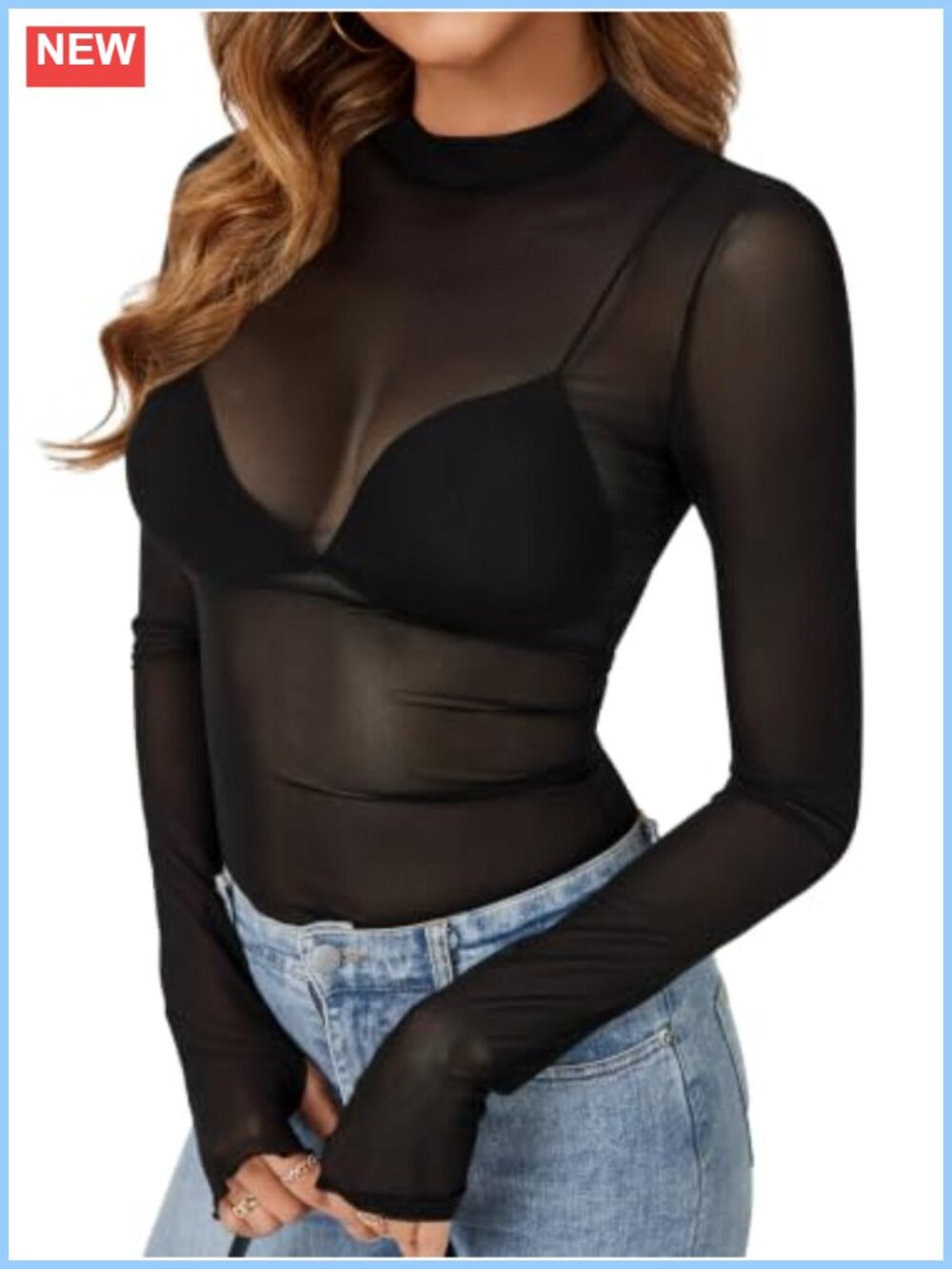 Women's Sheer Mesh Long Sleeve Mock Neck Blouse Layering Top